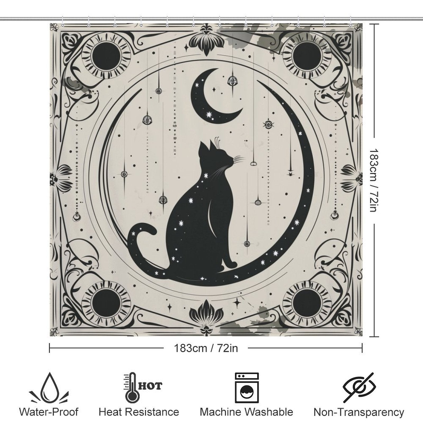 Black Cat and Moon Boho Shower Curtain