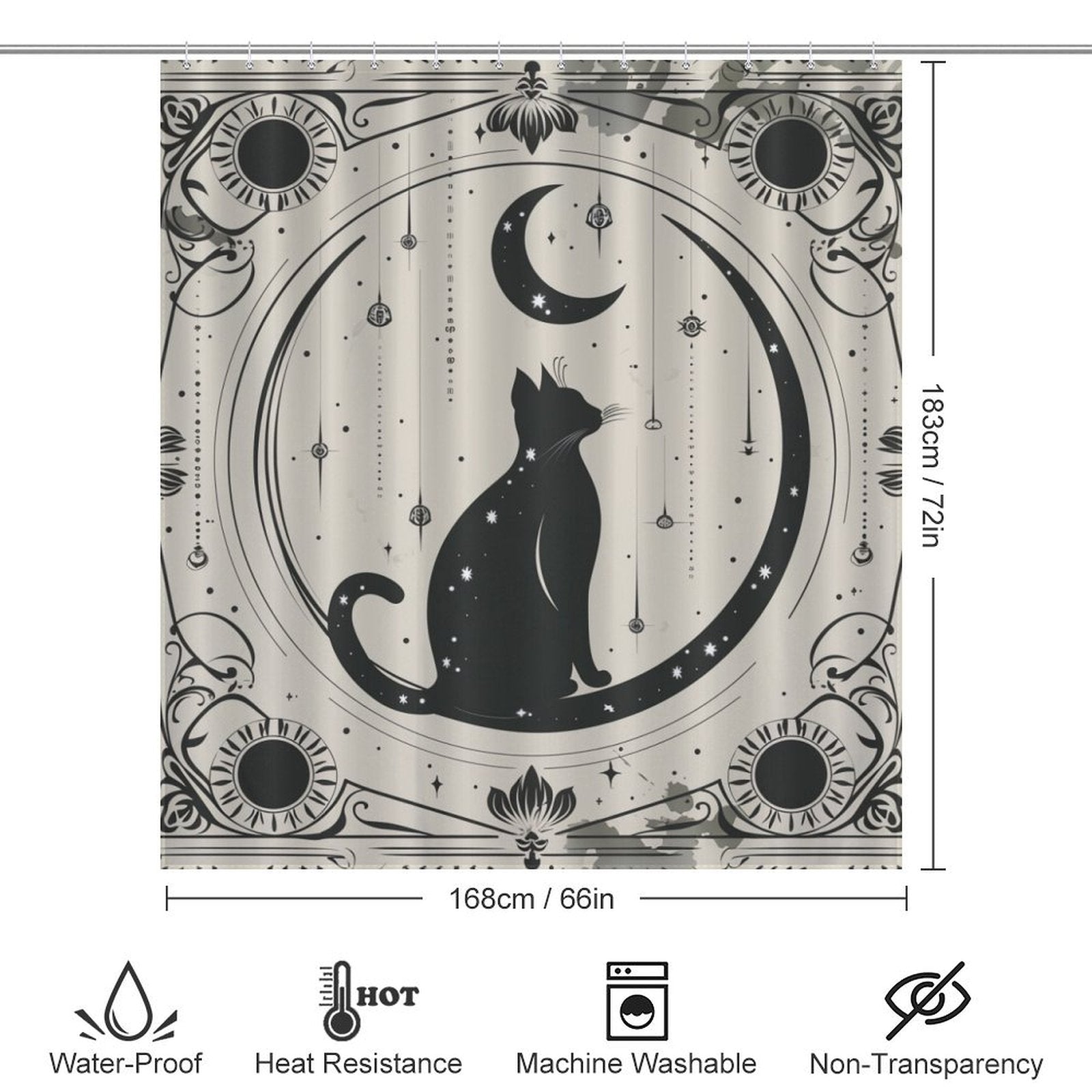 Black Cat and Moon Boho Shower Curtain