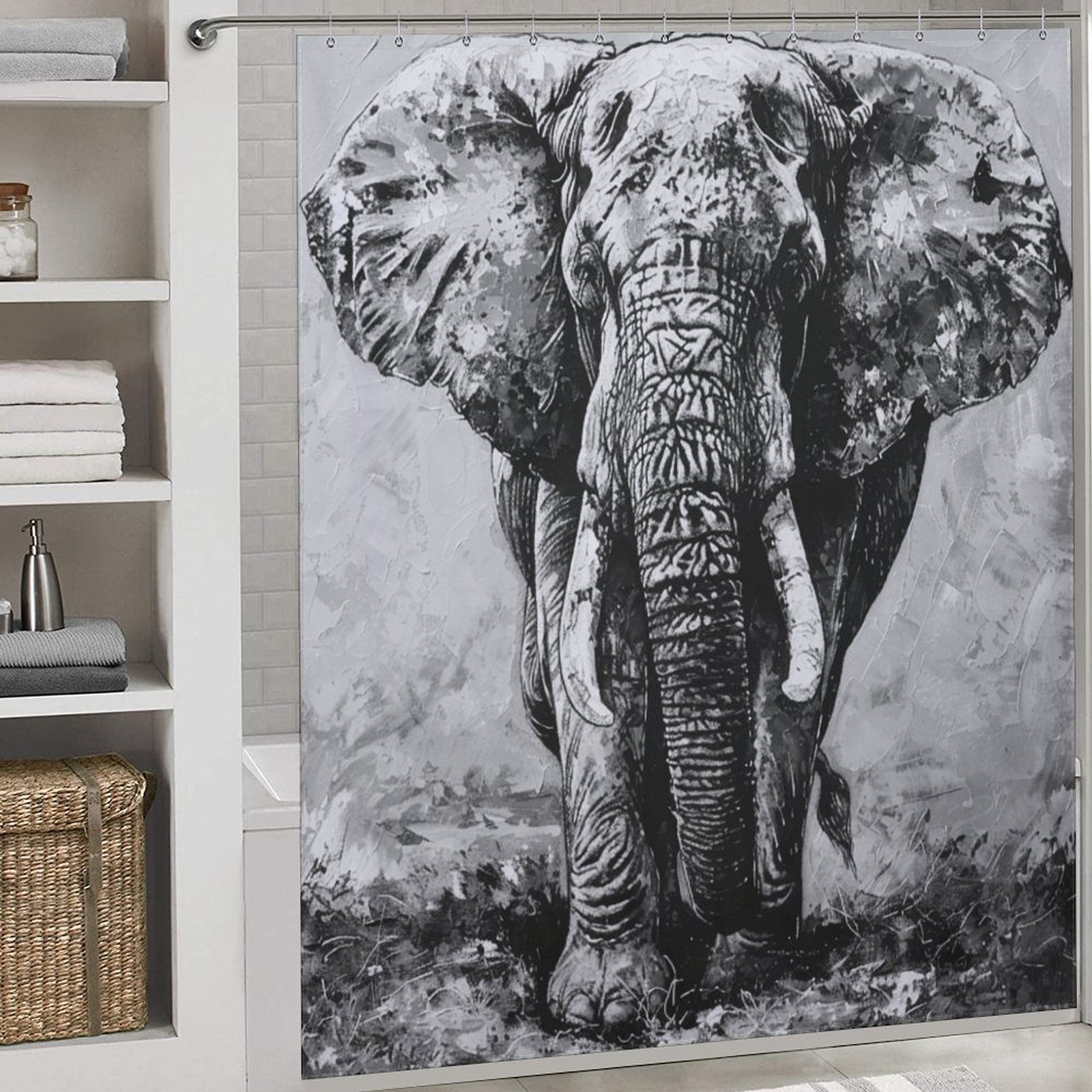 A bathroom with shelves on the left holding towels and toiletries, and an elegant Black and White Elephant Shower Curtain-Cottoncat by Cotton Cat, adding a touch of sophistication to the decor.