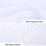 Close-up of a white fabric with two labeled sections: "100% Polyester Fabric" at the top and "100% Water-resistant" at the bottom, displaying water droplets on the surface. Perfect addition to your bathroom decor, this elegant Black and White Elephant Shower Curtain-Cottoncat ensures both style and functionality by Cotton Cat.