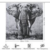 A black-and-white image of an elephant is displayed on the Black and White Elephant Shower Curtain-Cottoncat with dimensions 180cm by 180cm. Icons at the bottom show it is water-resistant, heat-resistant, machine washable, and non-transparent—perfect for bathroom decor from Cotton Cat.