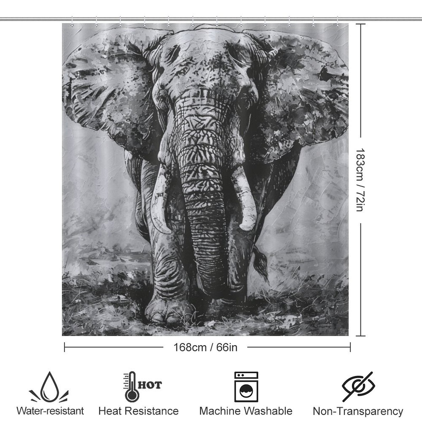 Elegant Black and White Elephant Shower Curtain-Cottoncat by Cotton Cat featuring a detailed, black and white image of an elephant. Measuring 183 cm by 168 cm, it is water-resistant, heat-resistant, machine washable, and non-transparent—perfect for adding a touch of sophistication to your bathroom decor.
