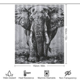 This elegant Black and White Elephant Shower Curtain-Cottoncat by Cotton Cat features a detailed image of an elephant. Measuring 183 cm (72 in) by 152 cm (60 in), it enhances your bathroom decor with its sophisticated design. Icons below indicate it is water-resistant, heat resistant, machine washable, and non-transparent.