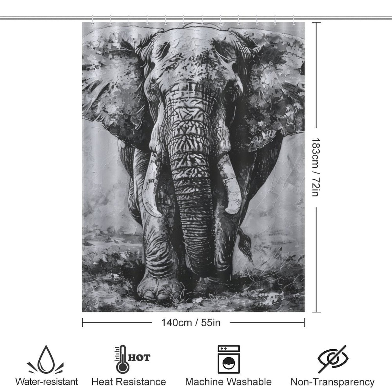 Introducing the Black and White Elephant Shower Curtain-Cottoncat, featuring a grayscale image of an elegant elephant. This bathroom decor piece is water-resistant, heat-resistant, machine washable, and non-transparent. Dimensions: 183 cm x 140 cm. Perfect for adding a touch of sophistication to your space by Cotton Cat.