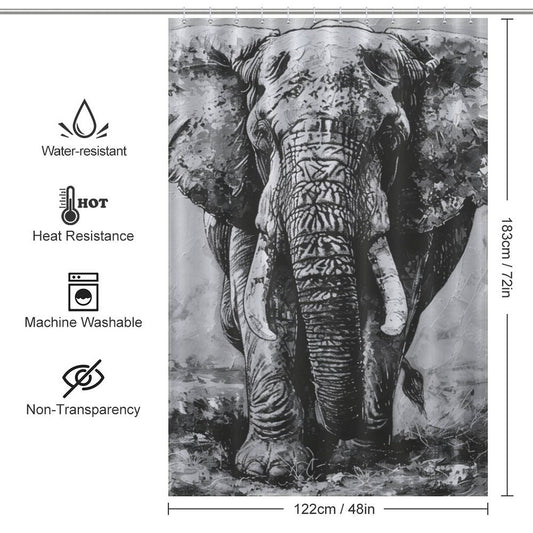 The Black and White Elephant Shower Curtain-Cottoncat by Cotton Cat features a striking image of a walking elephant. Measuring 183cm x 122cm, this elegant shower curtain is water-resistant, heat-resistant, machine washable, and non-transparent—perfect for enhancing your bathroom decor.