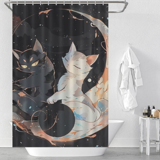 Black and White Moon Cat Cute Shower Curtain