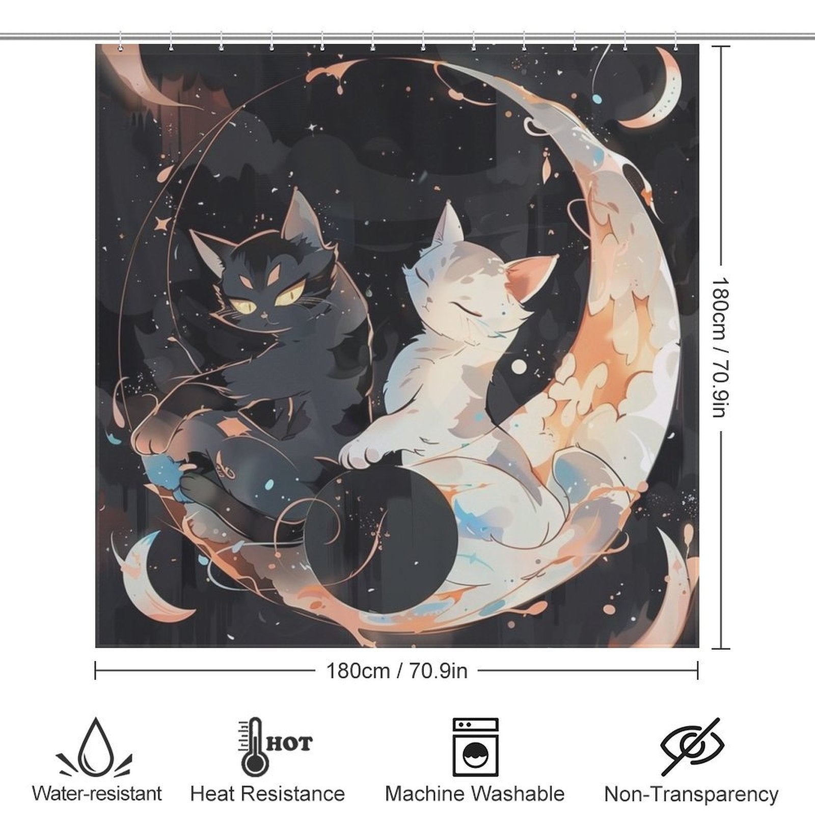 A decorative tapestry featuring two stylized cats intertwined with celestial elements, this Black and White Moon Cat Cute Shower Curtain-Cottoncat from Cotton Cat is perfect for bathroom decor. Product details include water-resistant, heat-resistant, machine washable, and non-transparency attributes. Size: 180cm x 180cm.