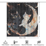 The Black and White Moon Cat Cute Shower Curtain-Cottoncat by Cotton Cat features a charming black and white cat sitting on a crescent moon in a starry night sky. This 183cm by 168cm polyester shower curtain is water-resistant, heat-resistant, machine washable, non-transparent, and perfect for any bathroom.
