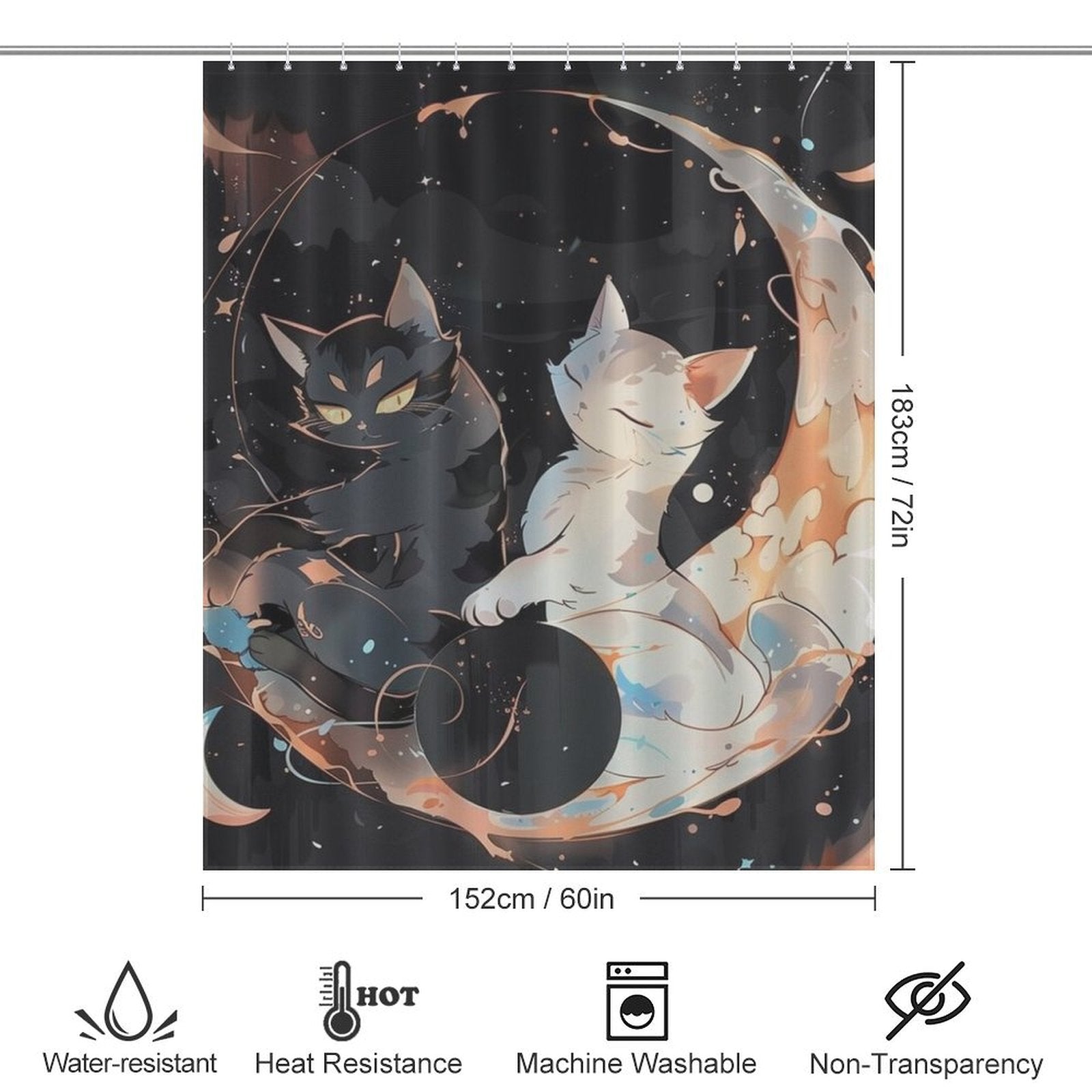 Black and White Moon Cat Cute Shower Curtain