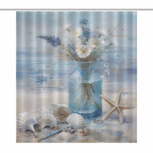 A Blue Beach Floral Daisy Seashell Shower Curtain-Cottoncat adorned with seashells and daisies from Cotton Cat.