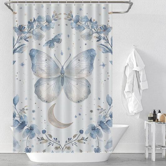 Blue Butterfly Moon Boho Shower Curtain