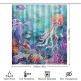 Add a touch of the Blue Ocean Seaworld Seashell Shower Curtain-Cottoncat to your bathroom with this stunning seashell shower curtain featuring a jellyfish and other sea creatures. Providing waterproof protection, this curtain is both