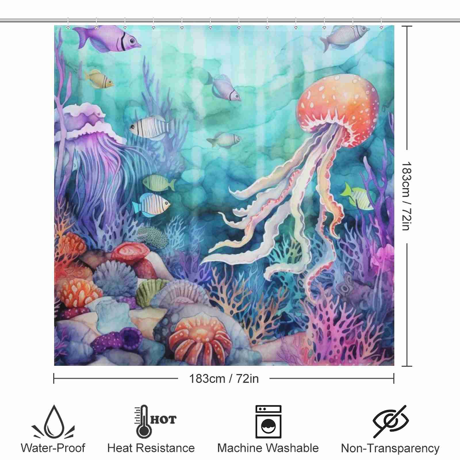 A Blue Ocean Seaworld Seashell Shower Curtain-Cottoncat with a jellyfish under the sea, perfect for bathroom decor.