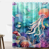 This Blue Ocean Seaworld Seashell Shower Curtain by Cotton Cat features a colorful display of sea creatures, including a mesmerizing jellyfish. Perfect for adding vibrant bathroom decor.