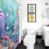 A bathroom with a colorful Blue Ocean Seaworld Seashell Shower Curtain-Cottoncat and a toilet.