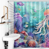 A vibrant bathroom with a Blue Ocean Seaworld Seashell Shower Curtain from Cotton Cat.