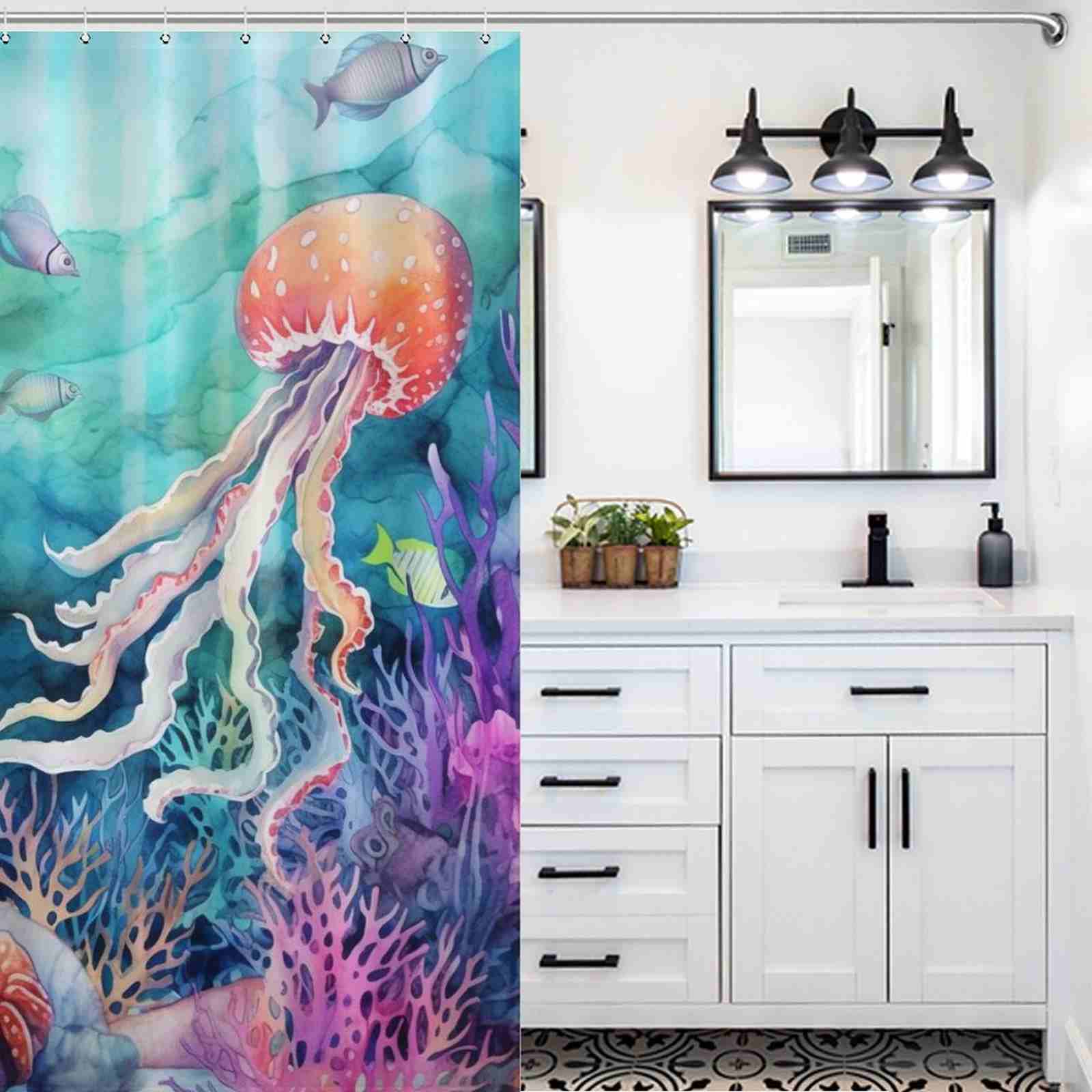 Transform your bathroom with the Blue Ocean Seaworld Seashell Shower Curtain by Cotton Cat, featuring a captivating jellyfish design. Elevate your bathroom decor with this unique and enchanting touch of aquatic elegance from Cotton Cat.