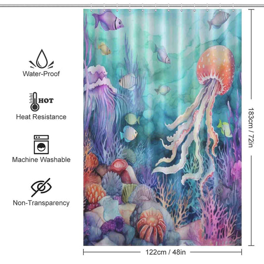 A Blue Ocean Seaworld Seashell Shower Curtain-Cottoncat by Cotton Cat with a jellyfish in the ocean.