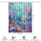 A waterproof shower curtain featuring a jellyfish and other sea creatures in a Blue Ocean Seaworld Seashell Shower Curtain-Cottoncat.