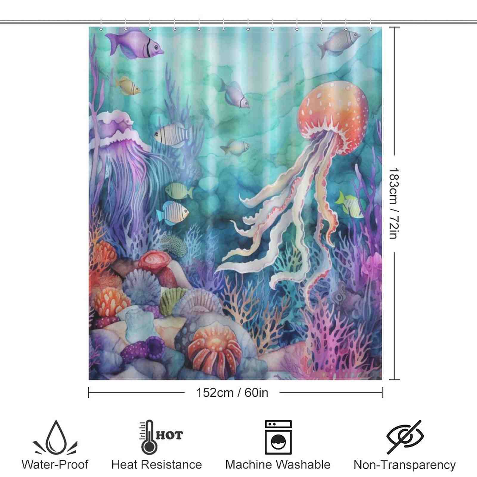 A waterproof Blue Ocean Seaworld Seashell shower curtain featuring fish and jellyfish by Cotton Cat.