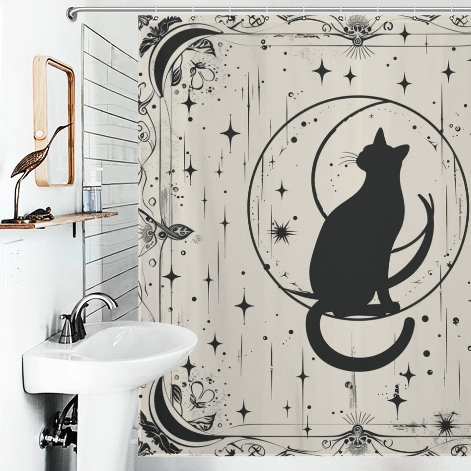 Boho Black Cat and Moon Shower Curtain
