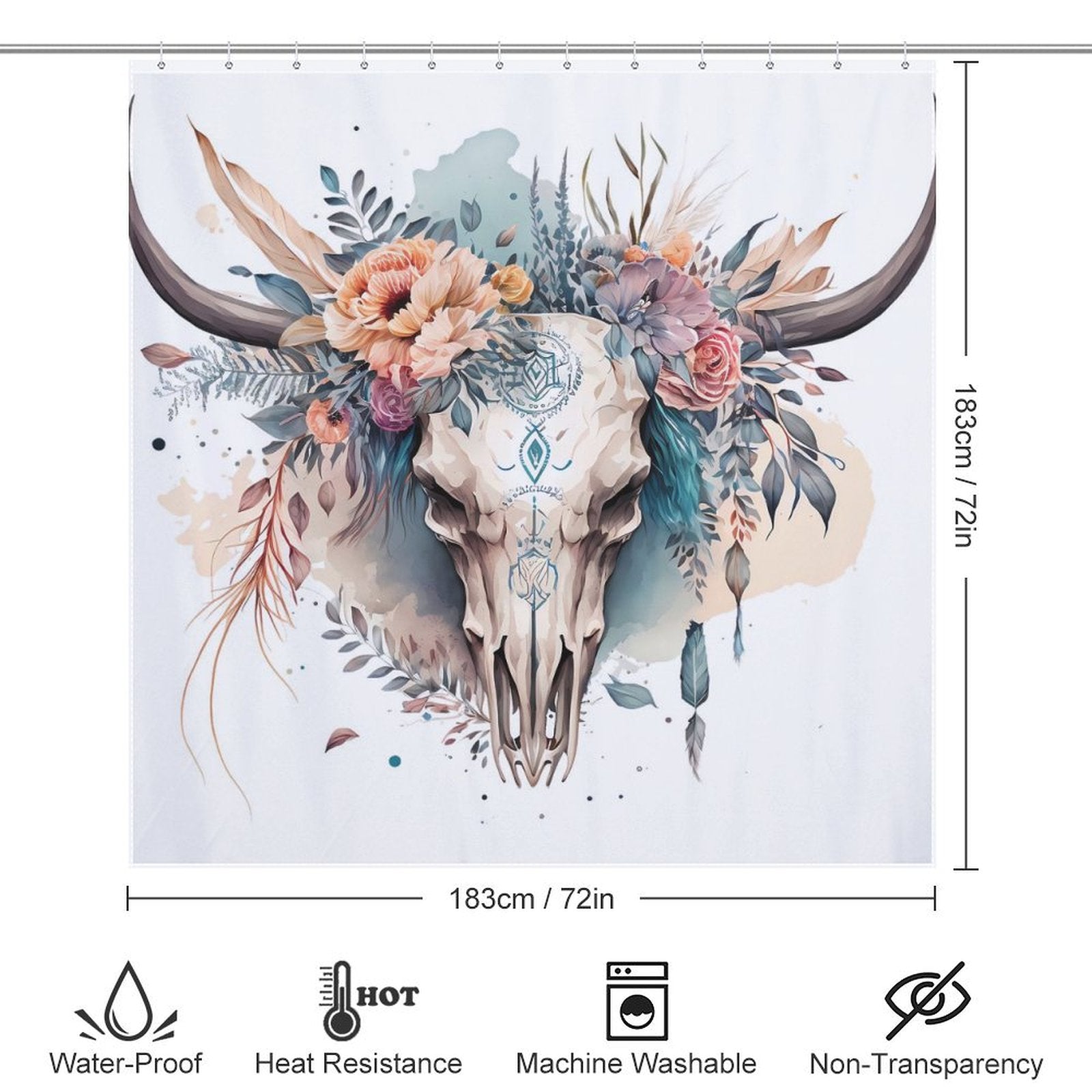 Boho Bull Skull Flower Western Shower Curtain