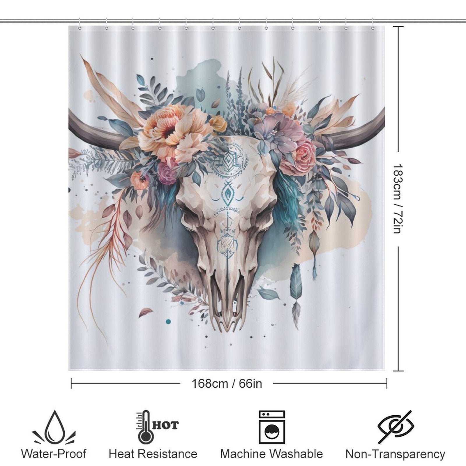 Boho Bull Skull Flower Western Shower Curtain