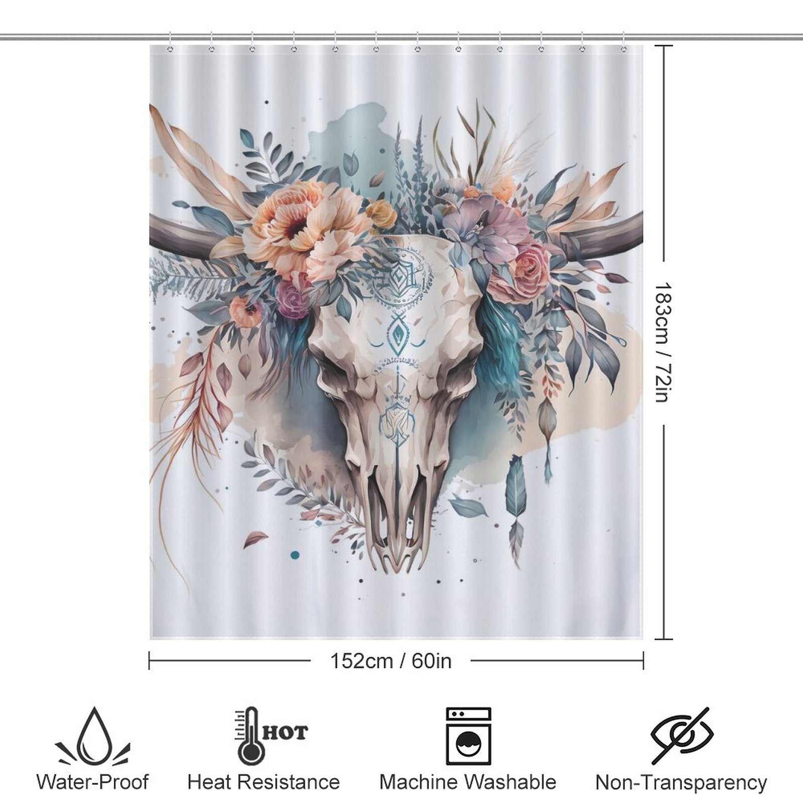 Boho Bull Skull Flower Western Shower Curtain