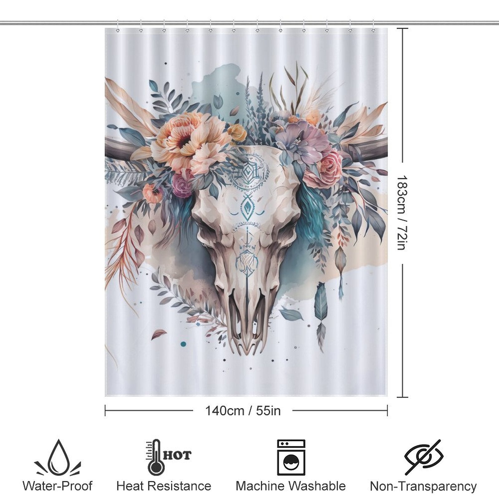 Boho Bull Skull Flower Western Shower Curtain