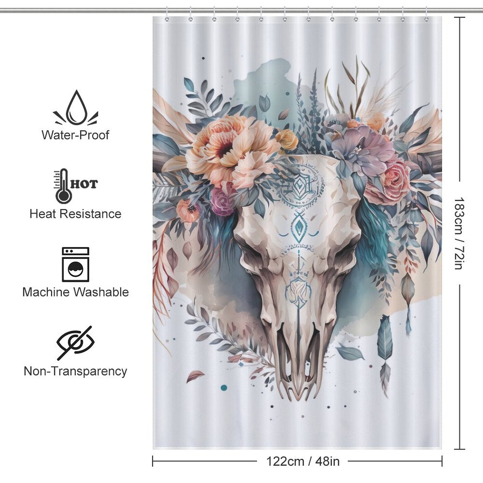 Boho Bull Skull Flower Western Shower Curtain