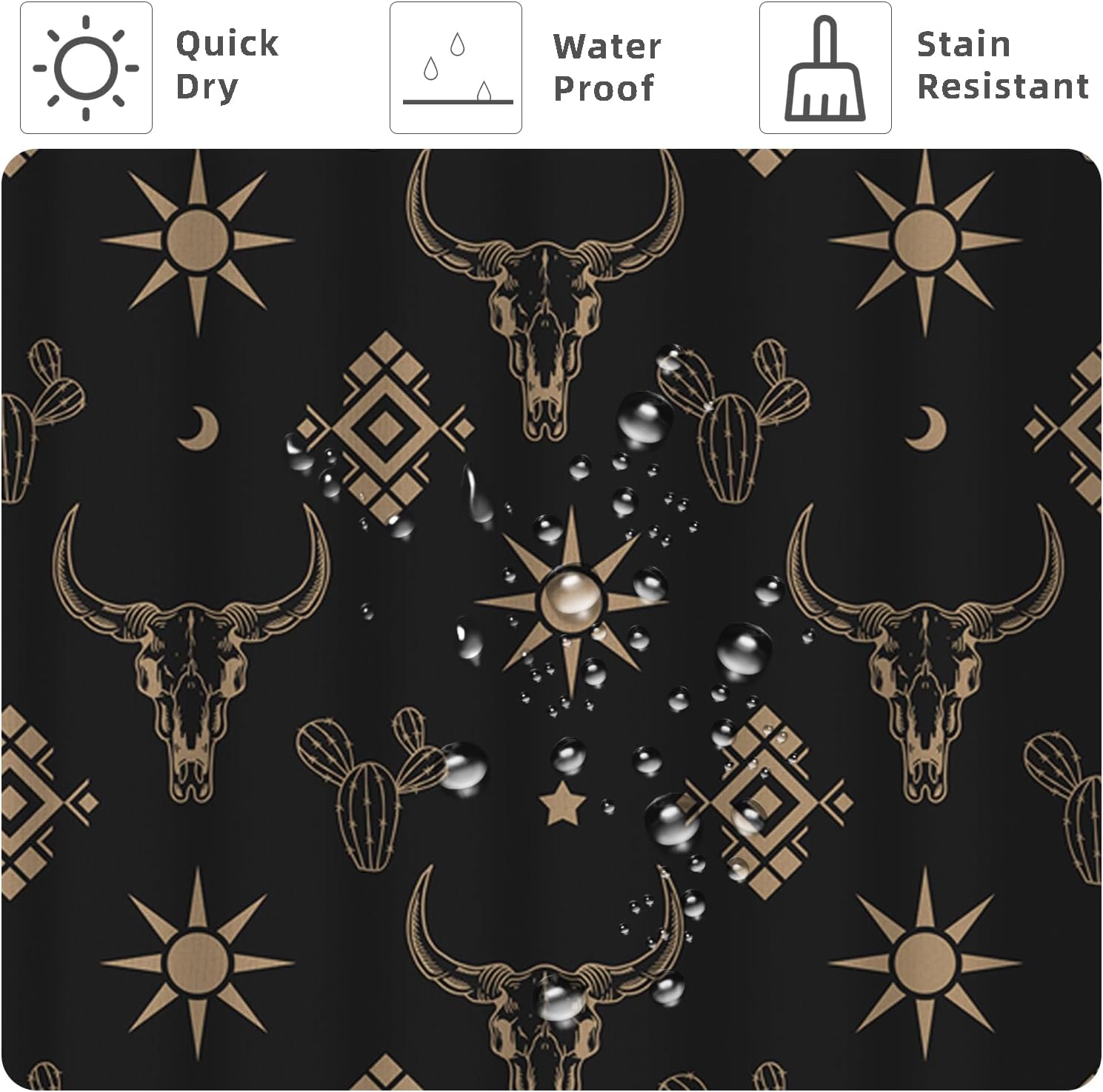 Boho Bull Skull Head Cactus Western Shower Curtain Black and Gold