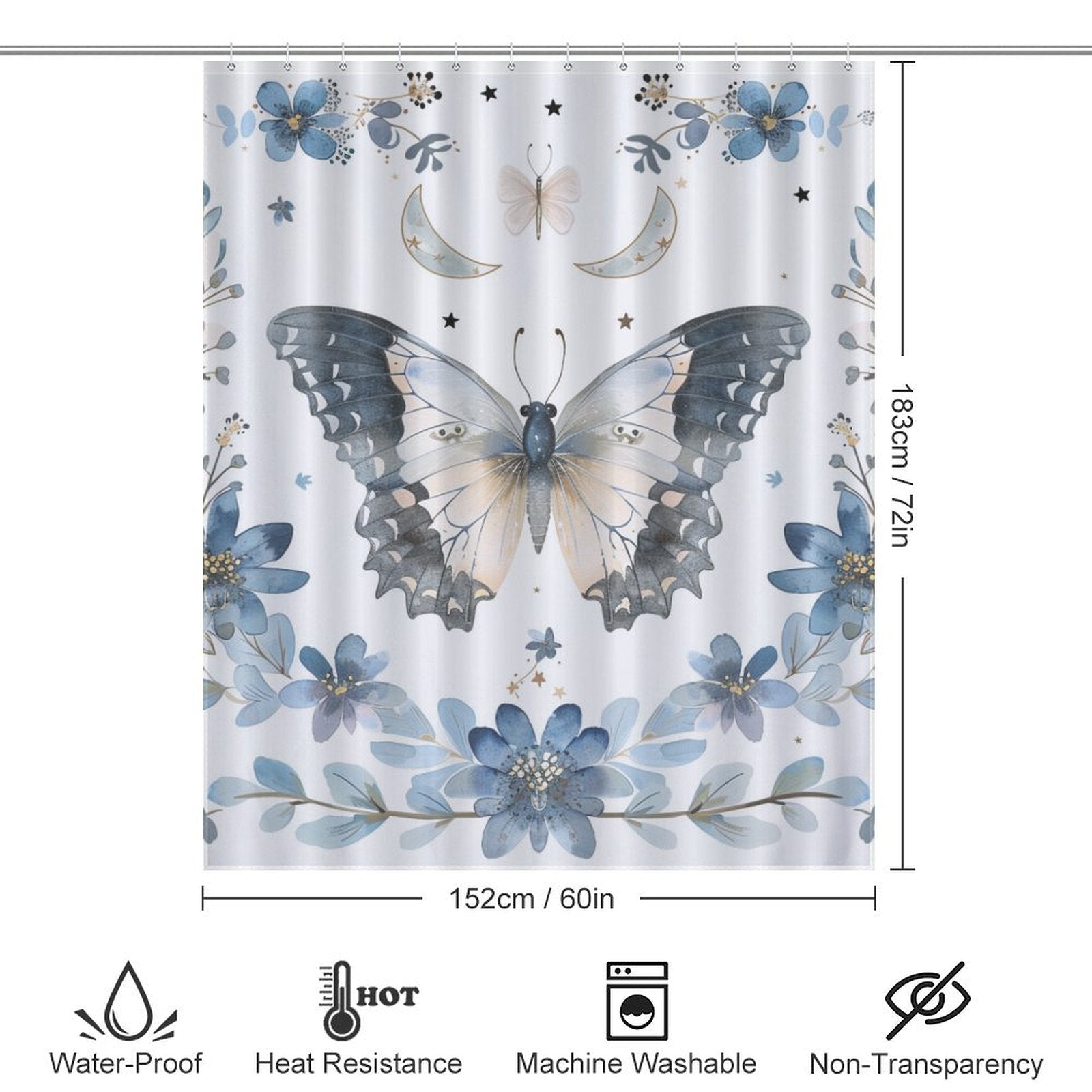 Boho Butterflies Floral  Moon Shower Curtain