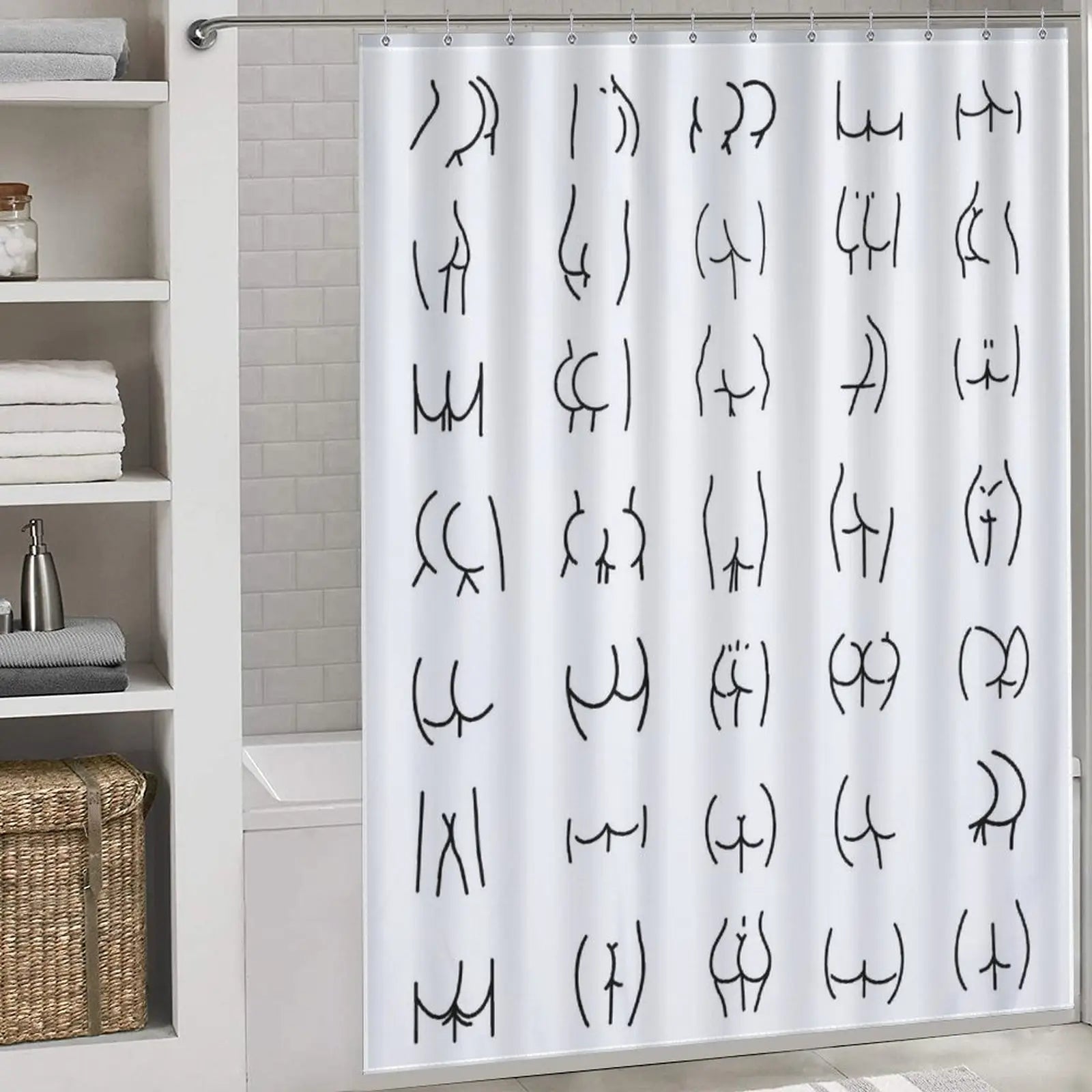 A Funny Butt Shower Curtain-Cottoncat adorned with an array of quirky drawings by Cotton Cat.