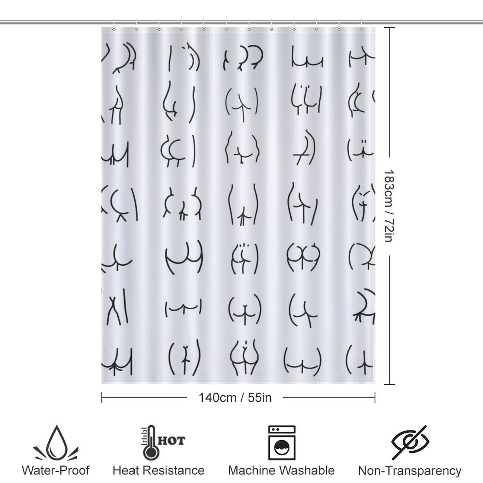 A black and white Funny Butt Shower Curtain-Cottoncat from Cotton Cat with humorous drawings on it.