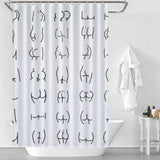 A Funny Butt Shower Curtain-Cottoncat featuring black and white drawings by Cotton Cat.