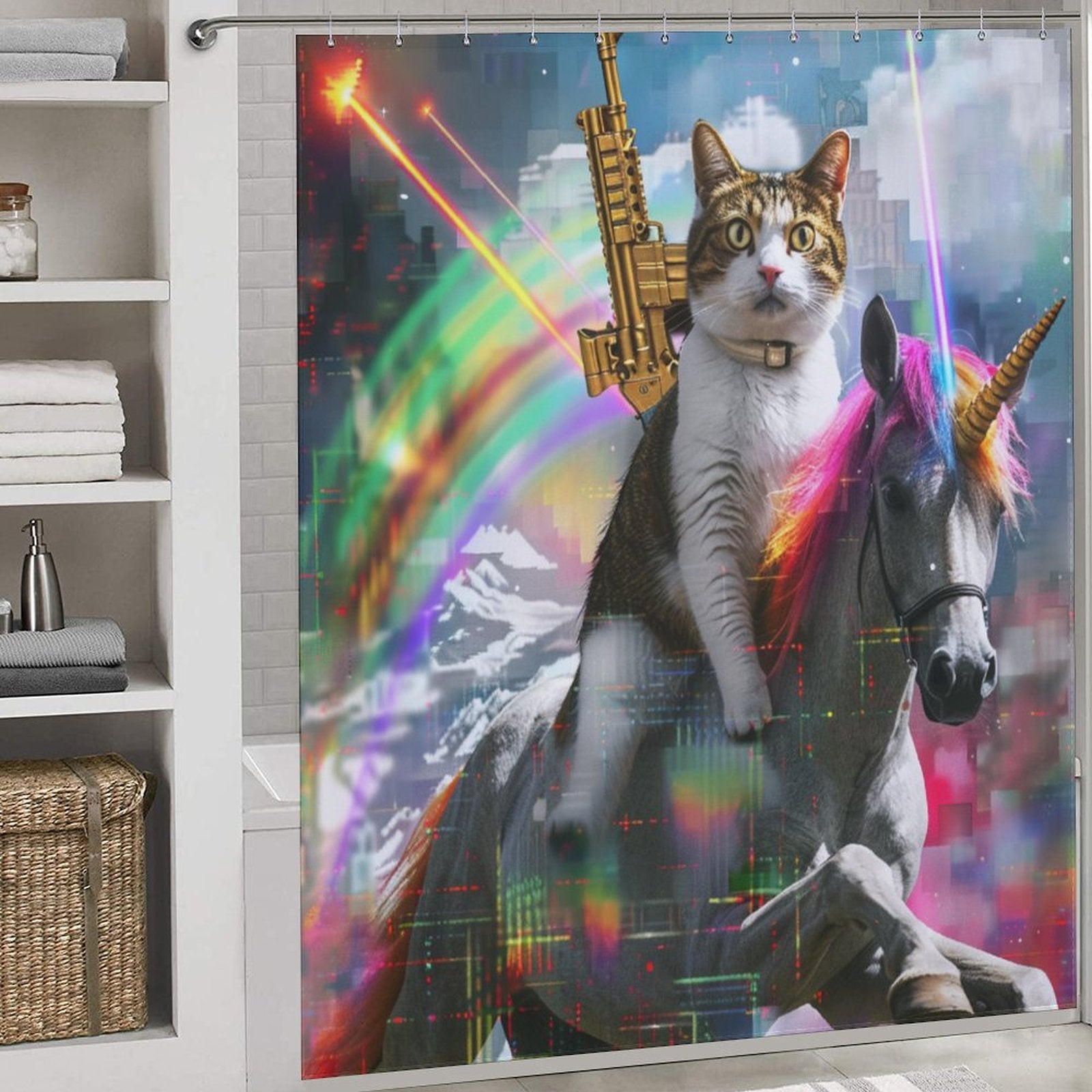 Cat Riding Unicorn with Golden Gun Shower Curtain