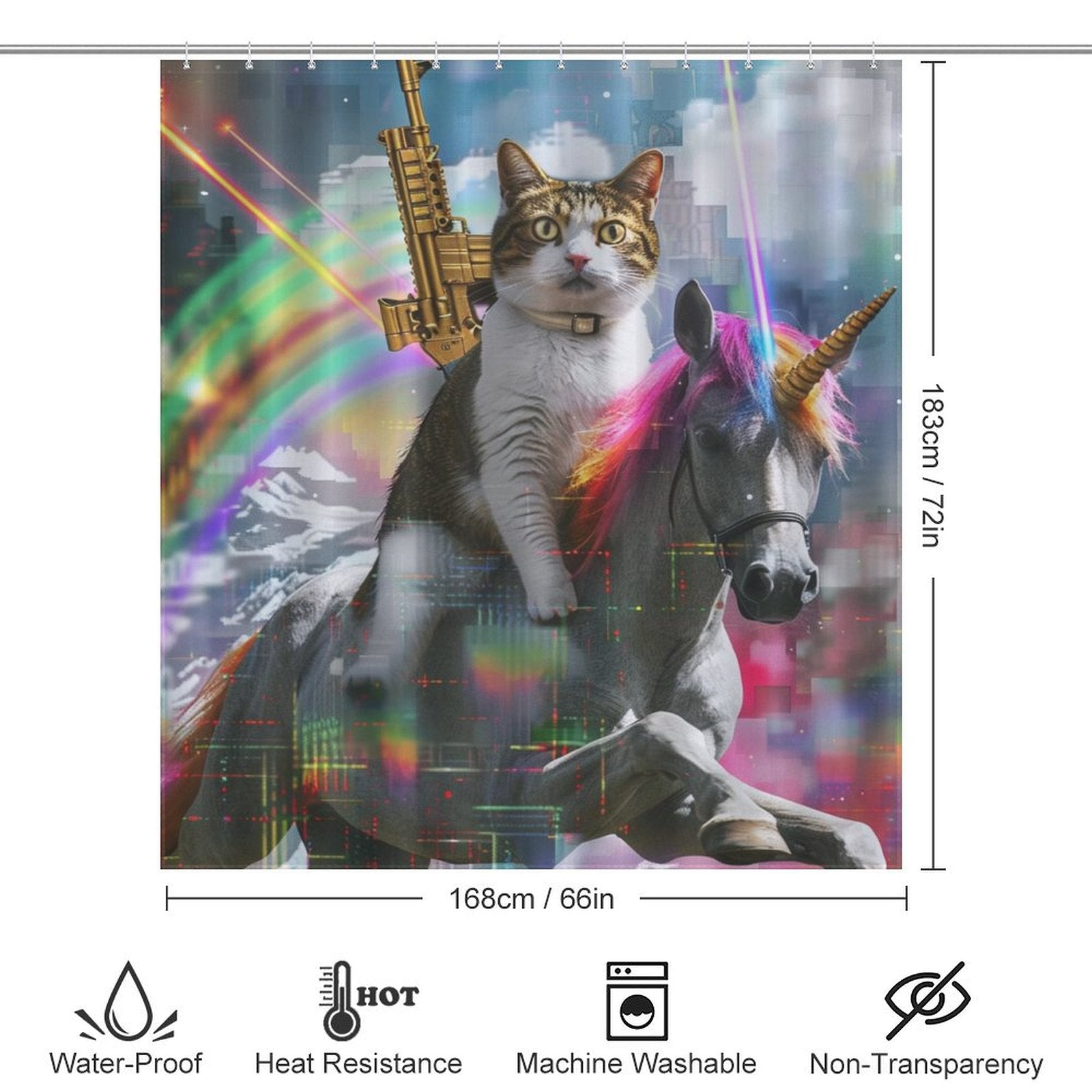 Cat Riding Unicorn with Golden Gun Shower Curtain
