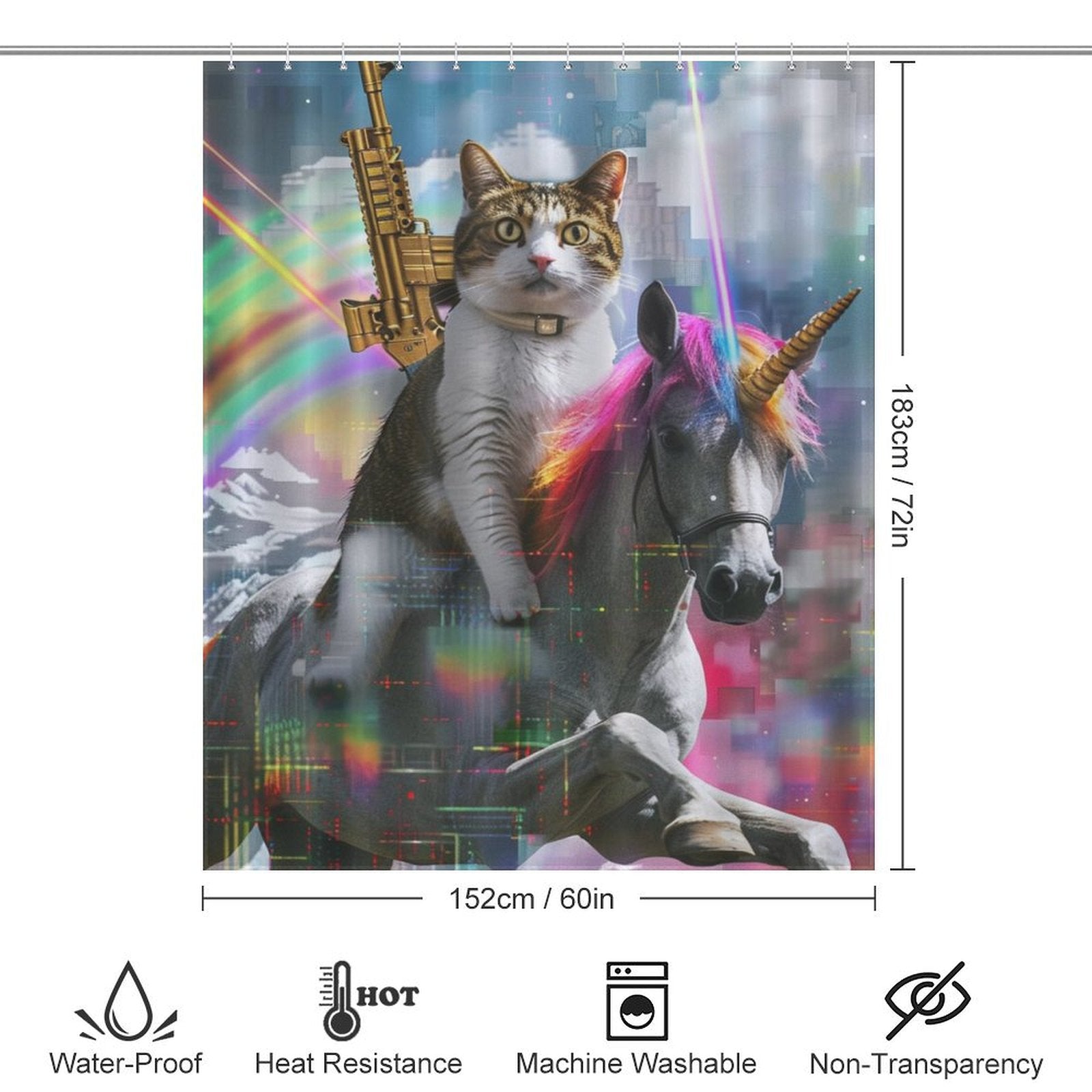 Cat Riding Unicorn with Golden Gun Shower Curtain