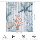 A Coastal Starfish Seashell Shower Curtain by Cotton Cat featuring seashells and corals.