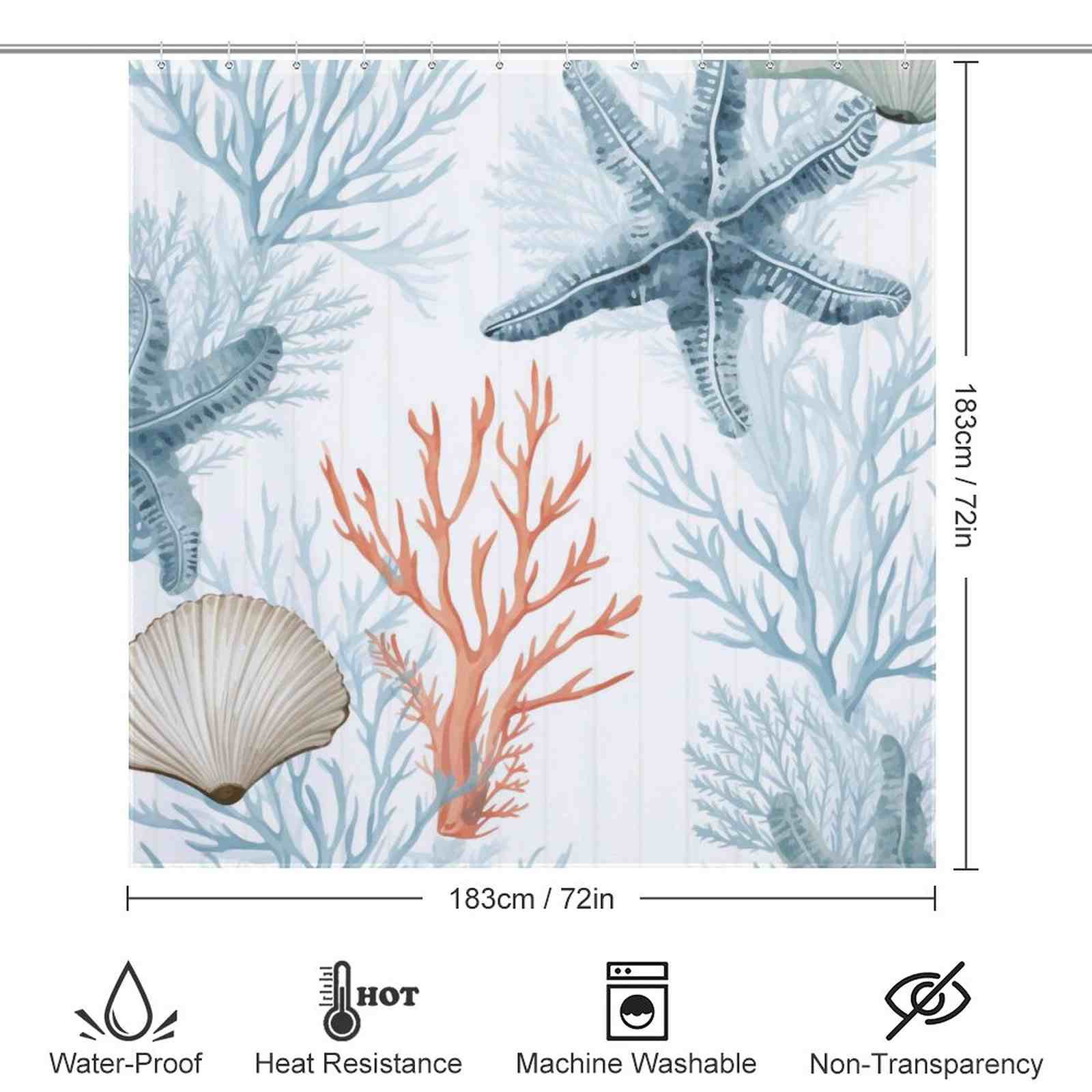 A Coastal Starfish Seashell Shower Curtain adorned with seashells and starfish, from the brand Cotton Cat.