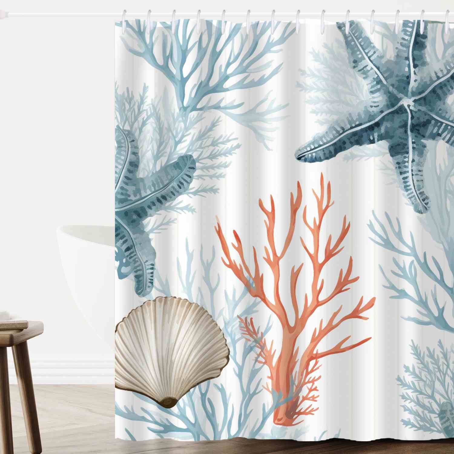 An ocean themed Coastal Starfish Seashell Shower Curtain-Cottoncat with coastal corals and shells by Cotton Cat.