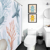 A bathroom with a Coastal Starfish Seashell Shower Curtain from Cotton Cat featuring seashells.