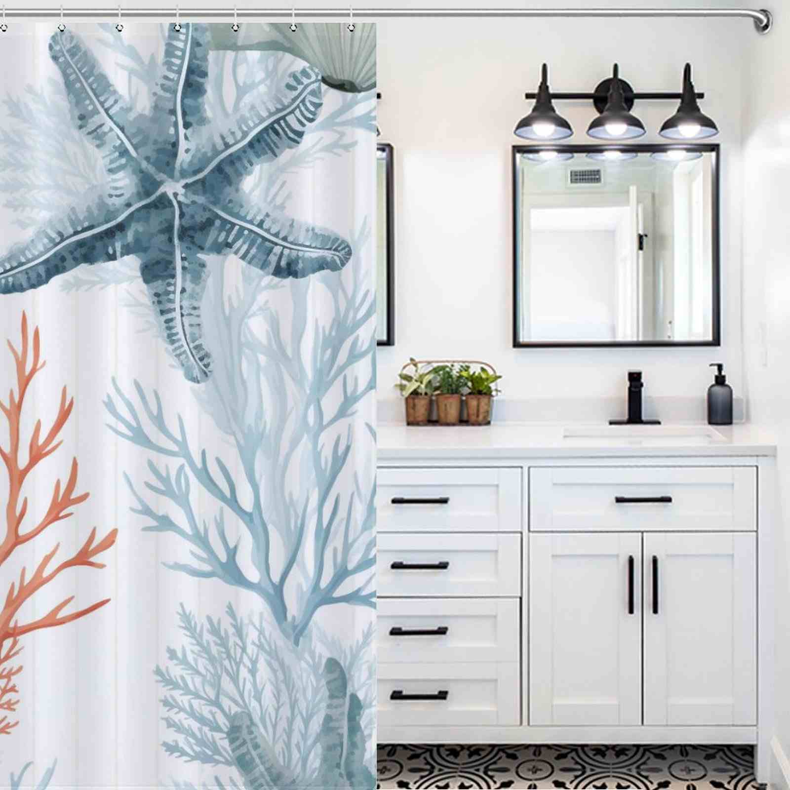 Transform your bathroom into a Cotton Cat coastal haven with the addition of a Coastal Starfish Seashell Shower Curtain-Cottoncat. Instantly evoke beachy vibes and create a serene coastal atmosphere.