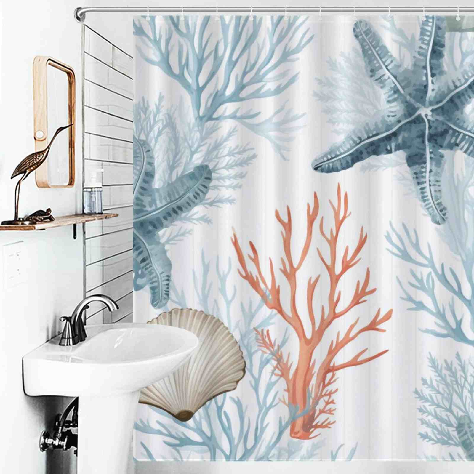 A bathroom with a Coastal Starfish Seashell Shower Curtain-Cottoncat adorned with seashells by Cotton Cat.