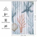 A Coastal Starfish Seashell Shower Curtain-Cottoncat adorned with seashells and corals.