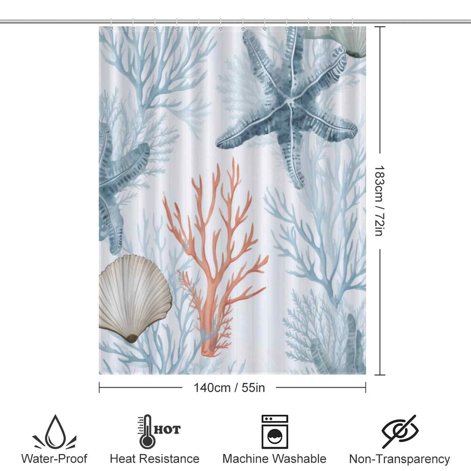 A Coastal Starfish Seashell Shower Curtain-Cottoncat with seashells and corals.