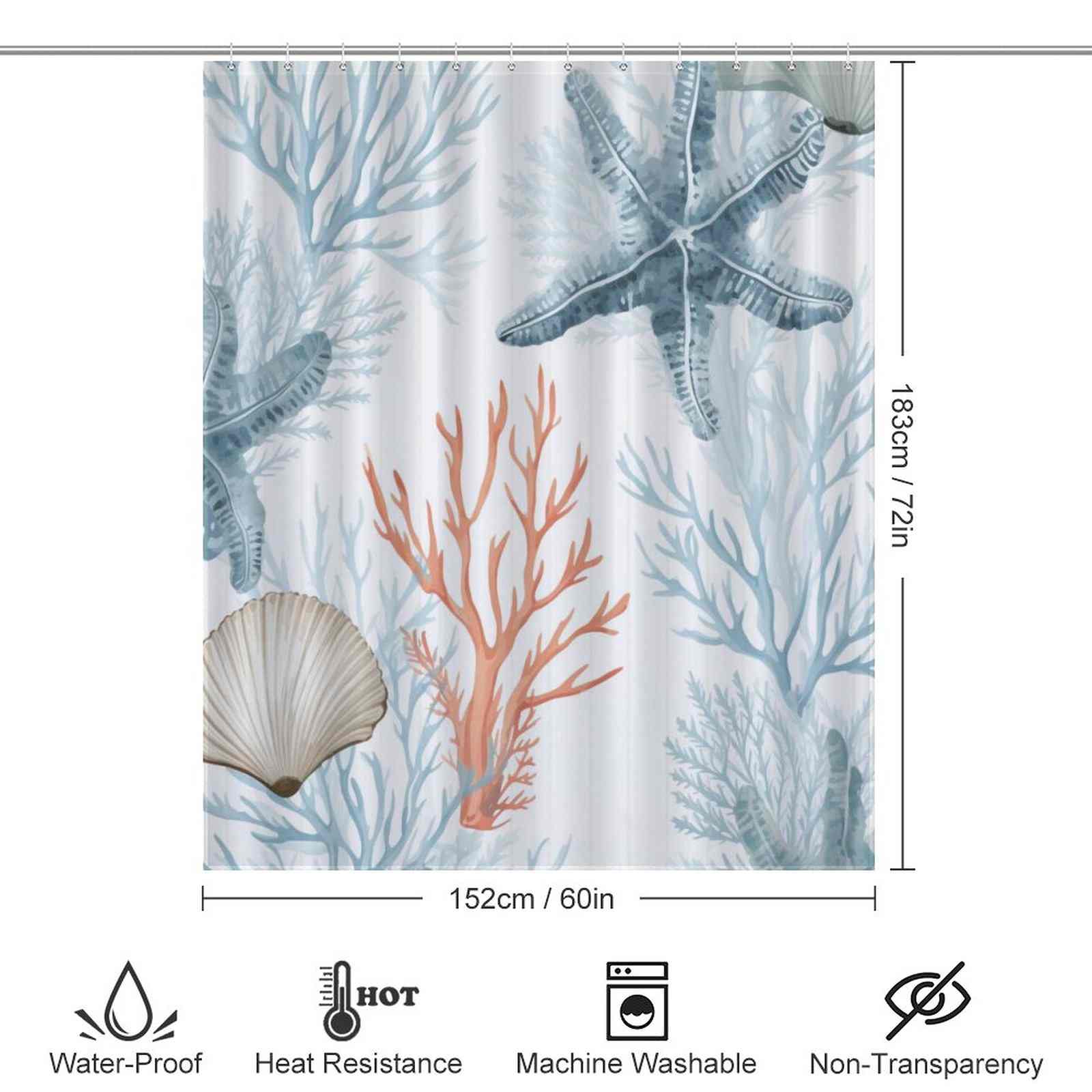 A Coastal Starfish Seashell Shower Curtain-Cottoncat by Cotton Cat with seashells and corals.