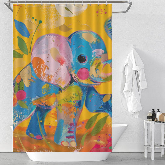 A playful bathroom decor featuring a Colorful Cute Elephant Shower Curtain-Cottoncat by Cotton Cat with a multi-colored elephant on a yellow background, and a white towel hanging next to the bathtub.