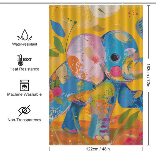 The Colorful Cute Elephant Shower Curtain-Cottoncat by Cotton Cat, measuring 183 cm by 122 cm, is made from durable high-quality material. This playful and whimsical design offers water-resistance, heat resistance, machine washability, and non-transparency.