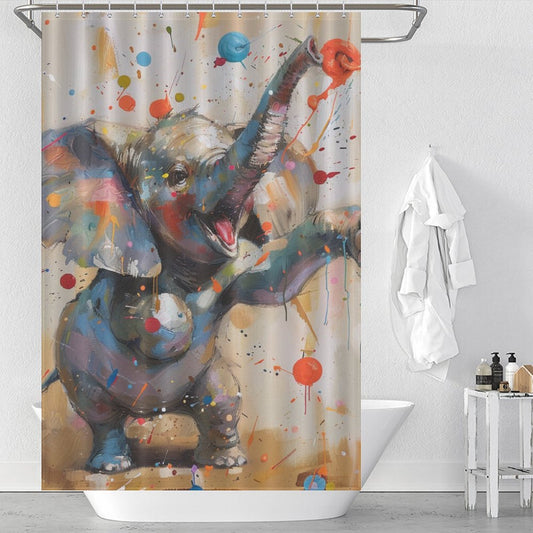 A cheerful sanctuary awaits with the Colorful Cute Happy Elephant Shower Curtain-Cottoncat, featuring a vibrant painting of an elephant splattered with paint. This delightful piece of bathroom decor by Cotton Cat stands proudly in a bathroom, complemented by a towel hanging near the bathtub.